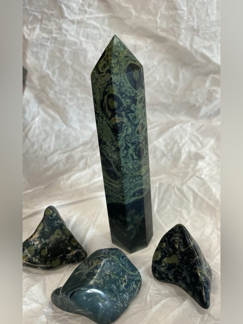 Polished Green Kambaba Jasper Obelisk and Tumbled Set